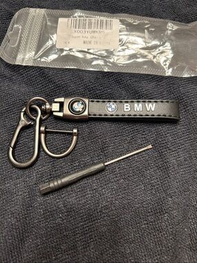 BMW Black Leather Strap Key Fob with Blue Logo Accent
